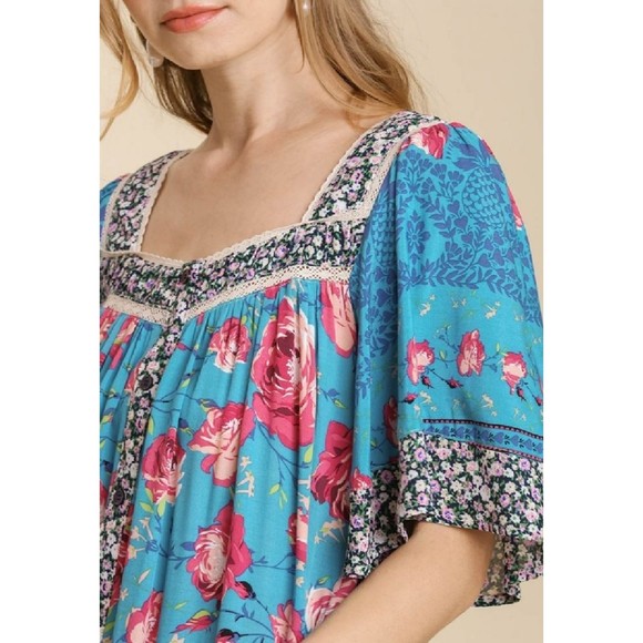 New UMGEE Small Mixed Floral Print Square Neck Ruffle Sleeve Button Front Dress - Picture 4 of 5